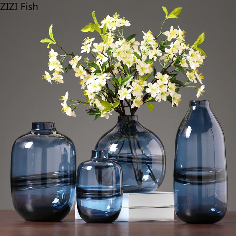 Creative Blue Hydroponic Dried Flower Arrangement Vase Ornament Living Room Bedroom Modern Dining Table Flower Glass Vase Crafts