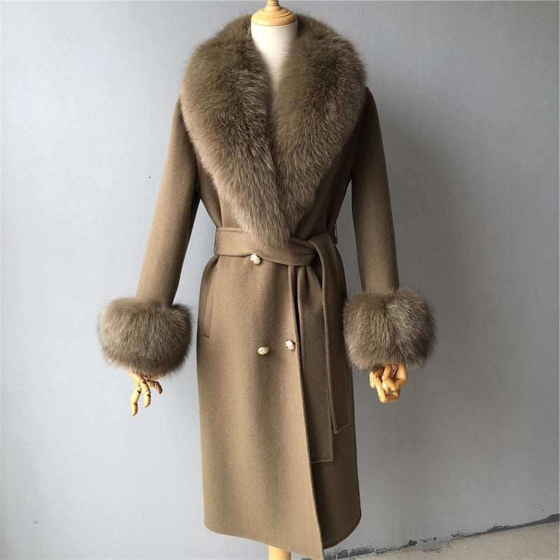 2020 Wollmantel Frauen Pied De Poule Natürlicher Fuchspelzkragen Kaschmir Wollmischungen Lange Oberbekleidung Damen Streetwear