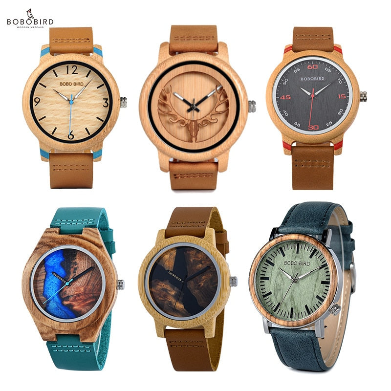 Pareja de relojes BOBO BIRD Hombres Mujeres Reloj de bambú universal en liquidación Reloj de pulsera de cuarzo de cuero de madera часы женские Gran regalo