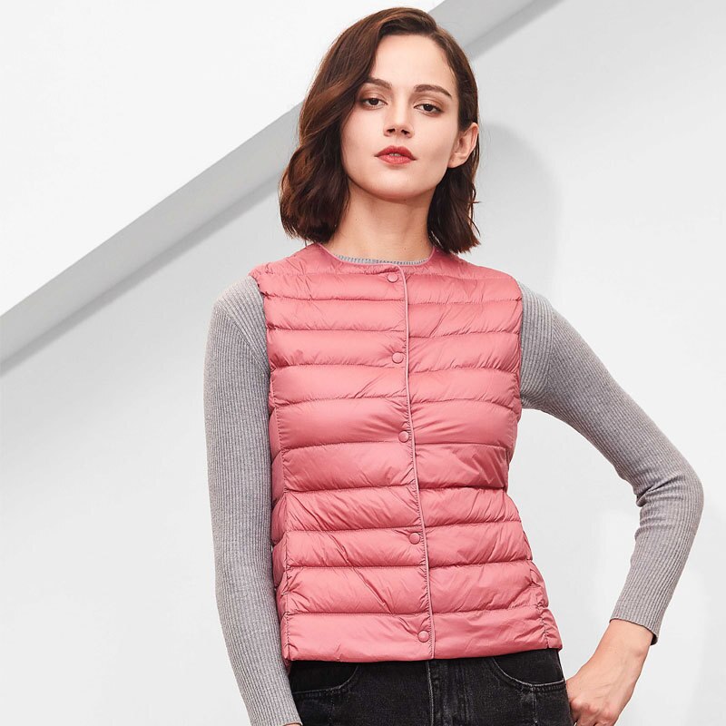 Women White Duck Down Vest Soft Ultra Light Jacket Winter Weightless Round Collar Portable Winter Sleeveless Warm Liner Button