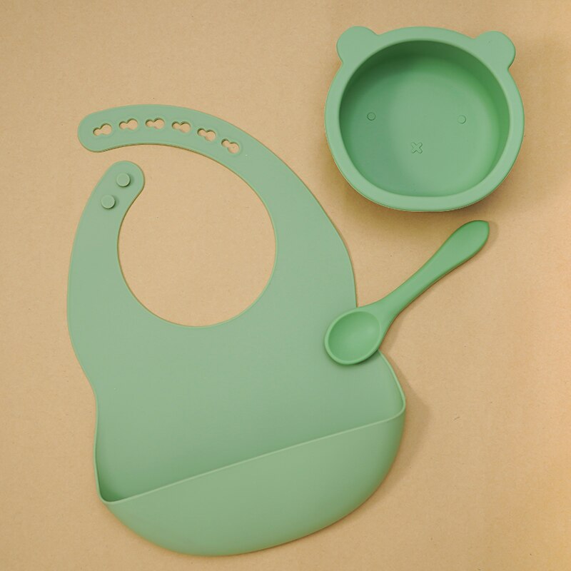 BPA Free Baby Silicone Tableware Waterproof Bib Flexible Saliva Towel Solid Color Sucker Bowl And Spoon For Children