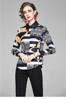 Sommer Damen Schlanke Blusen Tops Barock Print Runway Langarm Shirt Damen Kragen Elegante Vintage Büro Shirts Arbeitskleidung