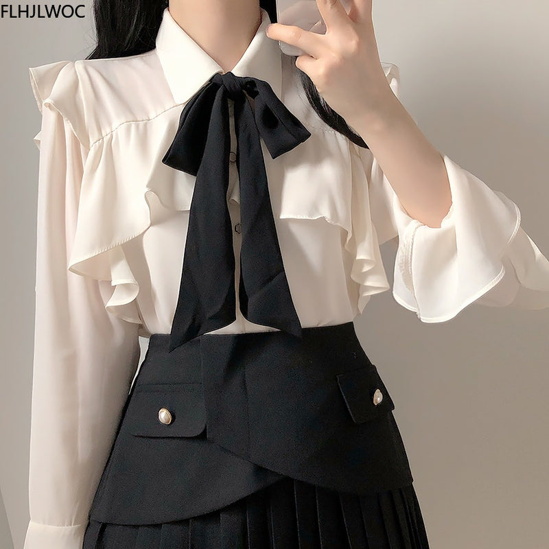 Ruffled Bow Tie Top Autumn Basic Office Lady Work Wear Flare Sleeve Cute Women Single Breasted Button Solid White Shirts Blouses