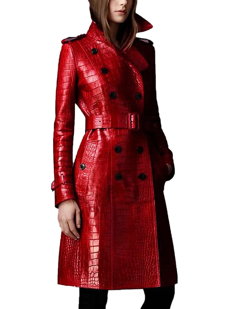 Lautaro Autumn Long Red Crocodile Print Leather Trench Coat for Women Belt Double Breasted Elegant British Style Fashion 2021