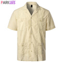 Herren Traditionelles Kubanisches Camp-Collar Guayabera Hemd Kurzarm Besticktes Mexikanisches Karibik-Stil Strandhemd mit 4 Taschen