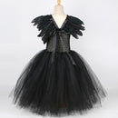 Schwarze Feder-Halloween-Kostüme für Mädchen, Kinder, böse Königin, langes Tutu-Kleid mit Hörnern, Flügeln, Bösewicht, Hexe, Cosplay-Outfit-Set