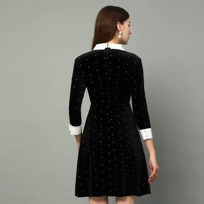 SEQINYY Velvet Dress 2020 Spring Autumn New Fashion Design Women 3/4 Sleeve Crystal Button Slim Bling Mini Black Dress