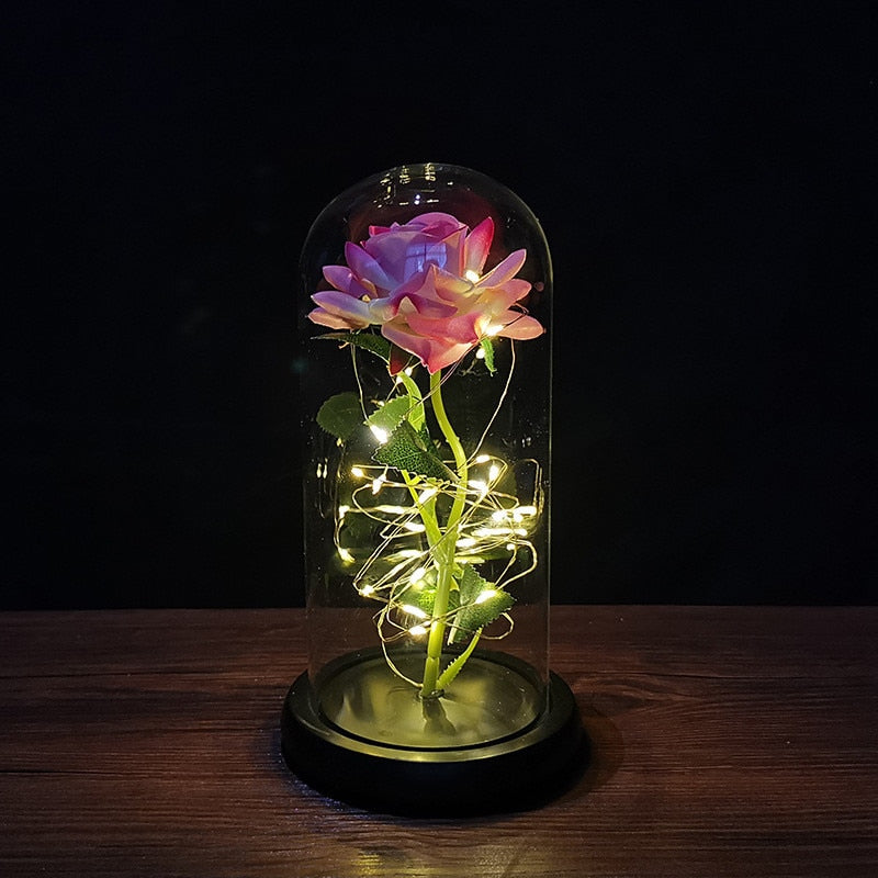 LED Enchanted Galaxy Rose Eternal 24K Gold Foil Flower con cadena de luces en cúpula para decoración del hogar Navidad regalo del Día de San Valentín