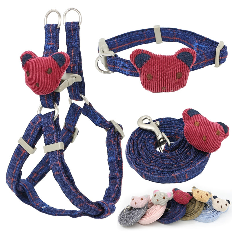 Soft Dog Harness Leash Collar Set Adjustable Cartoons Bear Dog Harness for Small Medium Pets Cat Collar Leash Outdoor Walking