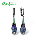 SANTUZZA Silver Jewelry Set for Women 925 Sterling Silver Purple Flower Earrings Pendant Set Trendy Fine Jewelry Handmade Enamel