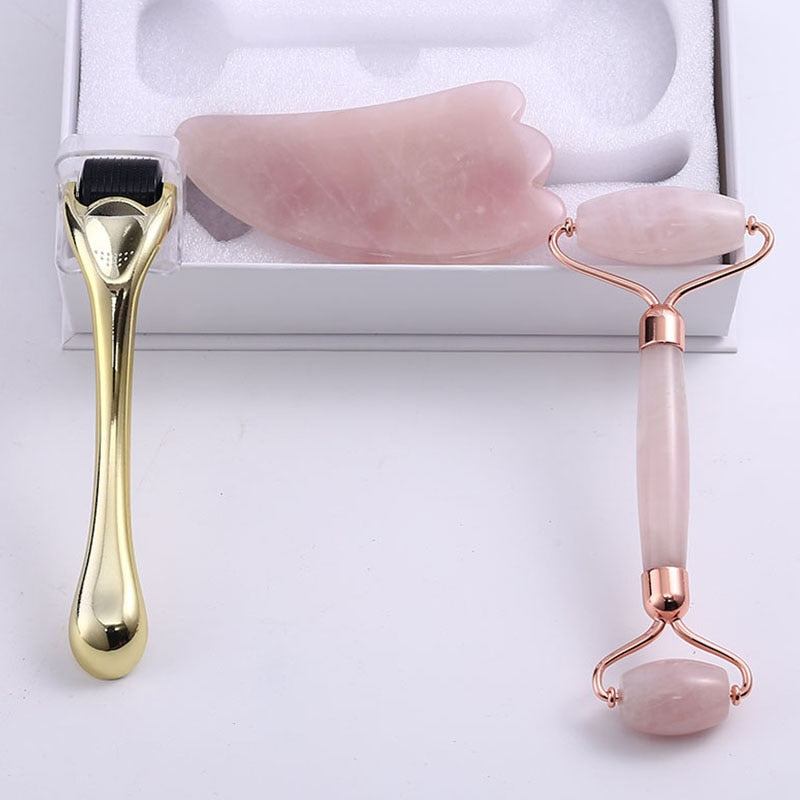 Slimming Massager Rose Quartz Roller Natural Jade Roller Microneedle Roller Jade Spatula Three-piece Skin Care Facial Massager