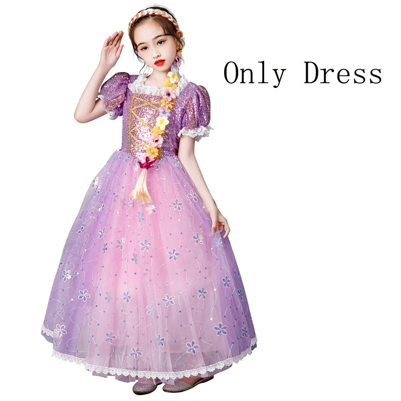 VOGUEON Girls Tangled Princess Dress Sequined Puff Sleeve Vestido Infantil Rapunzel Fancy Costume For Kids Party Cosplay Clothes