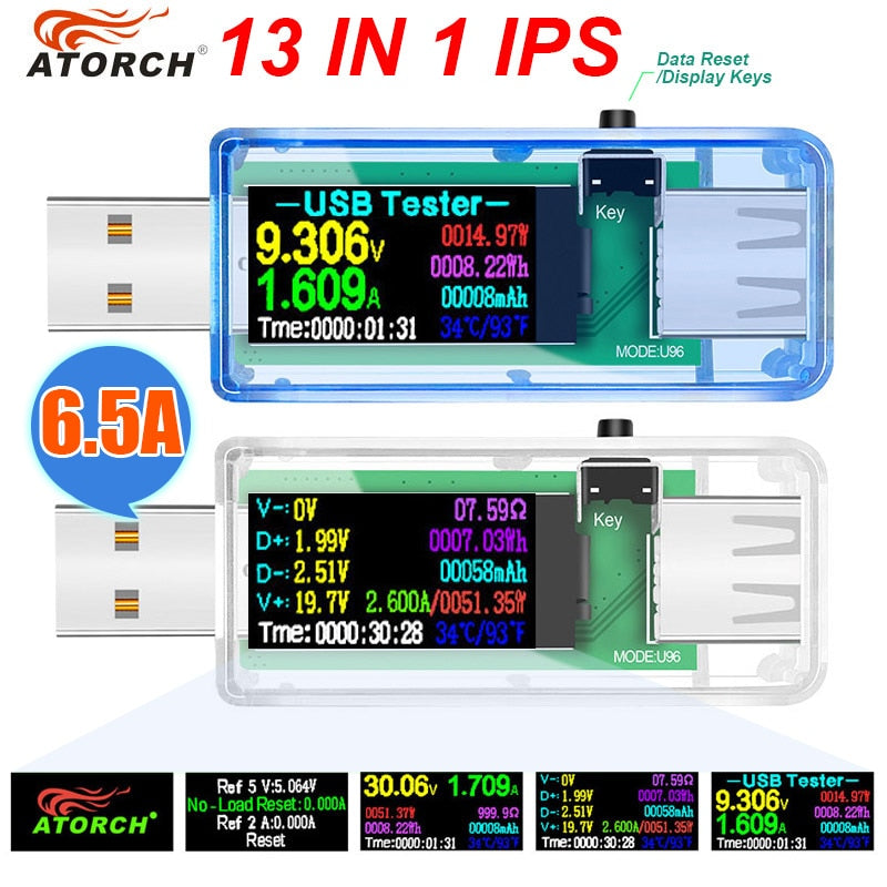 U96P 13 in 1 USB Tester Current Voltage Indicator Electric Ammeter Power Meter Charge DC Digital Multimeter Voltmeter Wattmeter