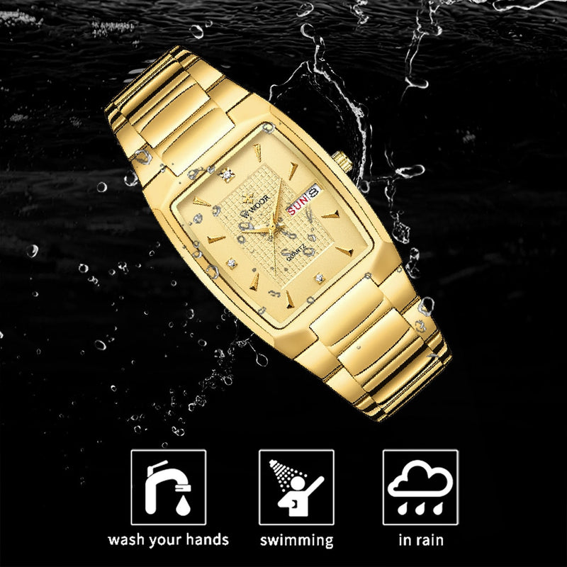 Relogio Masculino WWOOR 2022 New Square Watch Men with Automatic Week Date Man Quartz Wrist Watches Luxury Stainless Steel Gold