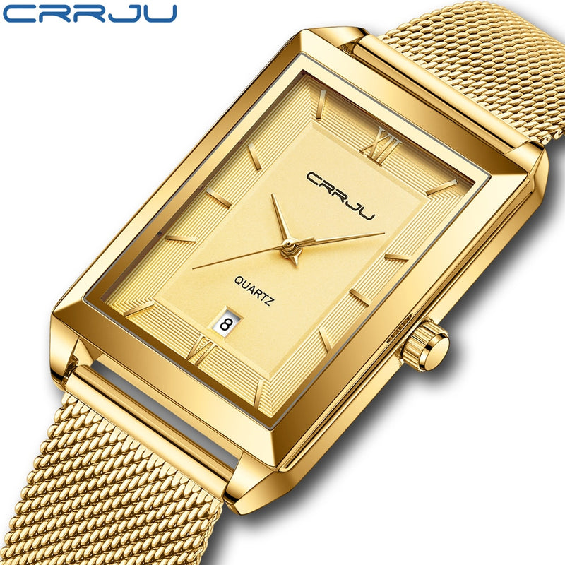 Reloj CRRJU para hombre, marca superior de lujo, cuadrado, dorado, cuarzo, acero inoxidable, reloj de pulsera resistente al agua, reloj Masculino