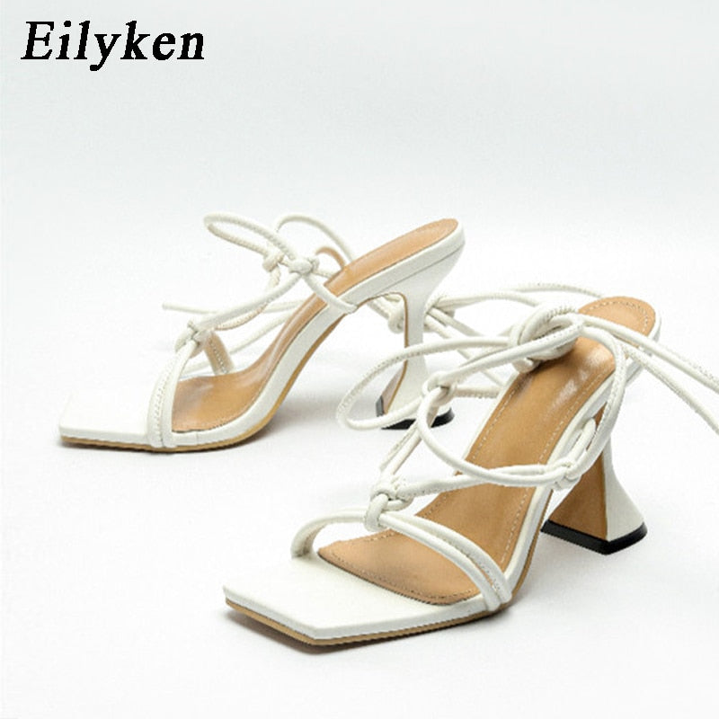 Eilyken 2022 Summer Narrow Band Ankle Strap Women's High Heels Strappy Sandals Square Head Female Strange Style Women Shoes