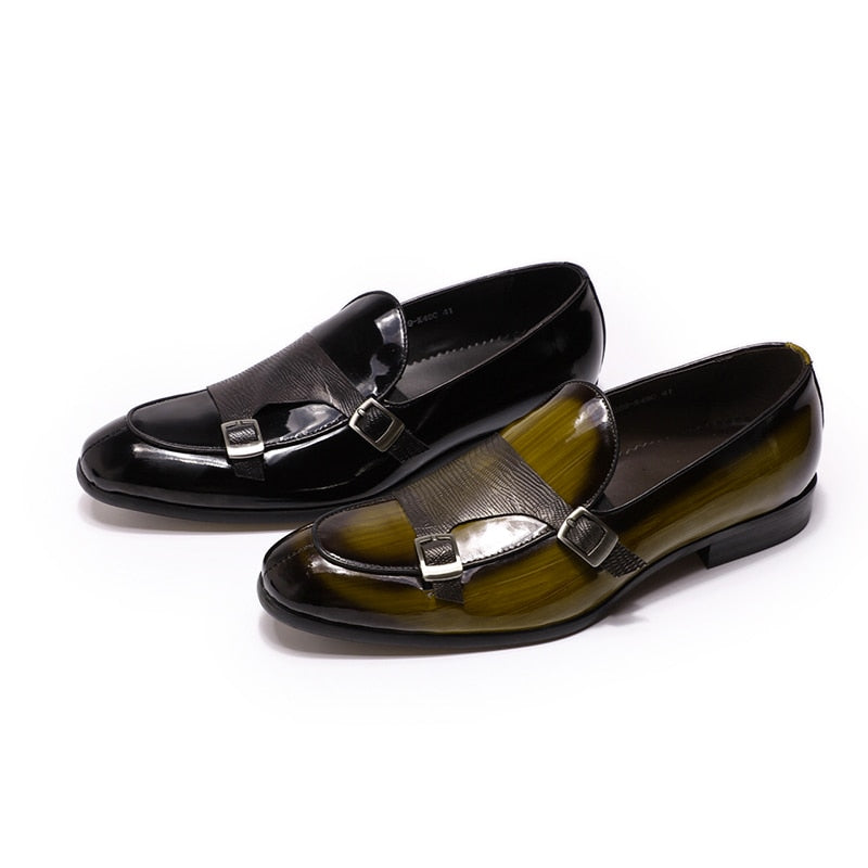 Mocasines de charol para hombre de la marca FELIX CHU, zapatos de vestir para fiesta de boda, zapatos negros y verdes con correa de monje, zapatos informales a la moda para hombre