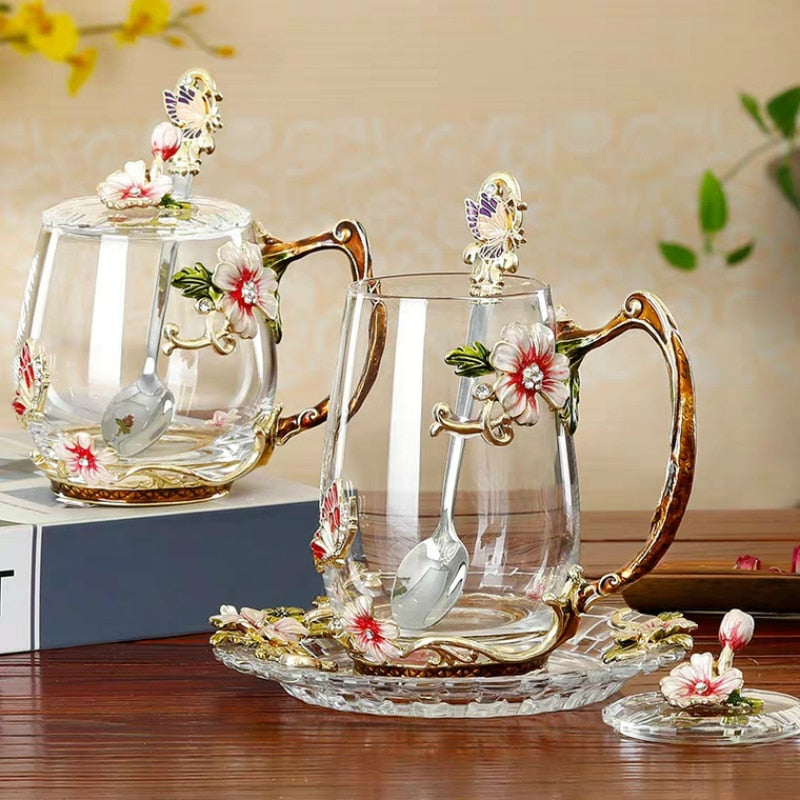 Schönheit und Neuheit Emaille Kaffeetasse Becher Blume Tee Glas Tassen für heiße und kalte Getränke Teetasse Löffel Set Perfektes Hochzeitsgeschenk