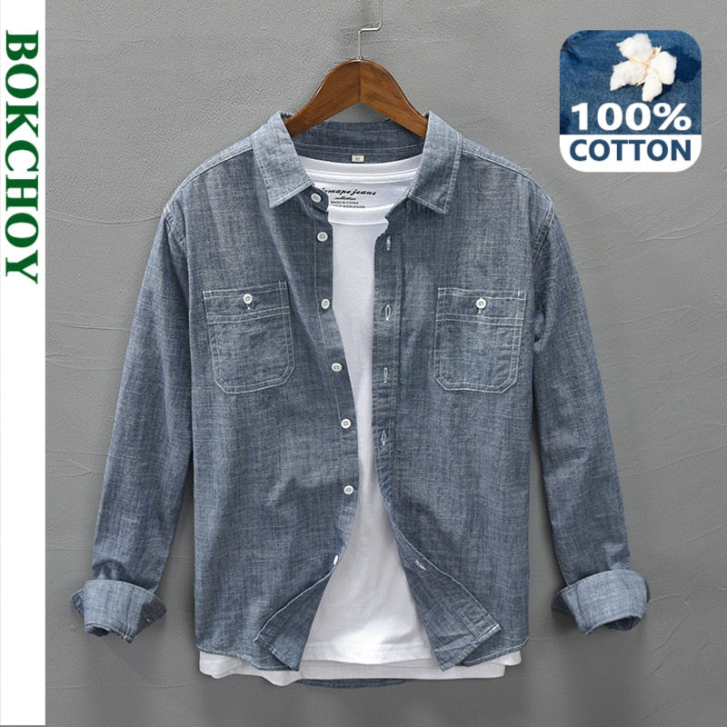 Otoño nuevo estilo de trabajo camisa de manga larga de algodón informal para hombres de un solo pecho Multi-Bolsillo Retro Denim azul ropa de trabajo GML04-C321