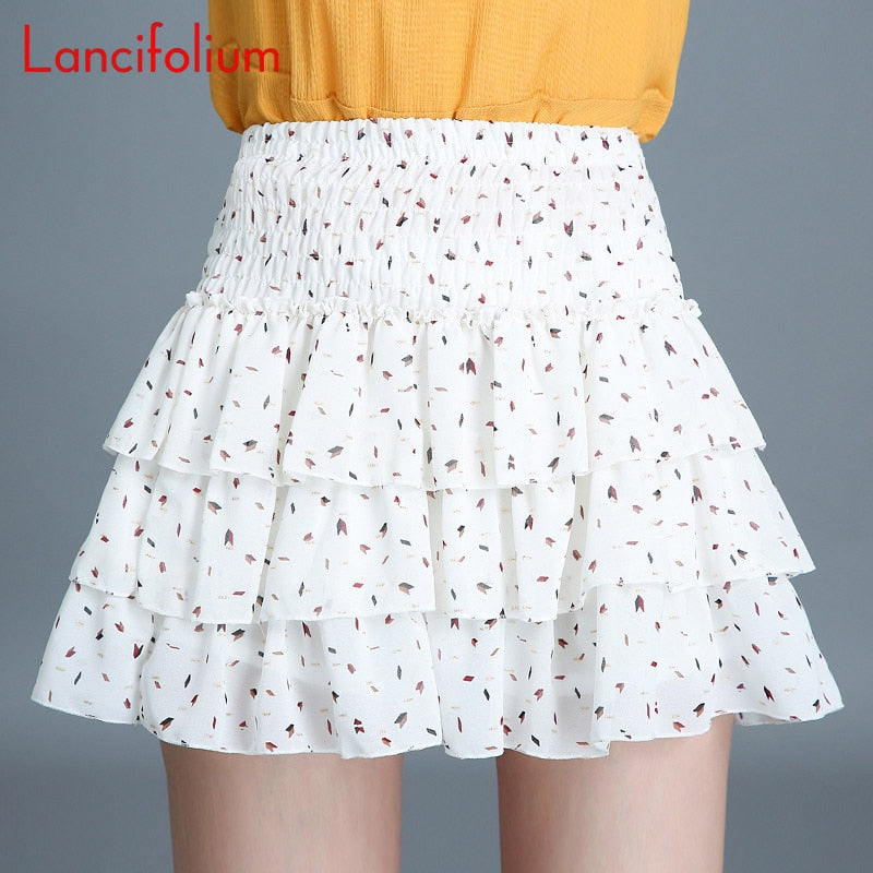 Cake Skirt Women Floral A Line Chiffon Mini Skirt Korean Kawaii Elastic High Waist Tiered Black White School Pleated Skirts B006