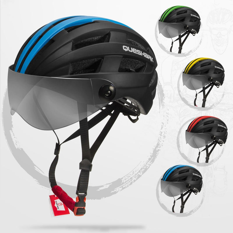 QUESHARK, casco de ciclismo ultraligero para hombres y mujeres, bicicleta de montaña, bicicleta de carretera, motocicleta, lente transparente extraíble, tapa segura QE116