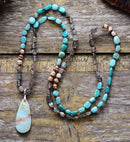 Women Necklace Random Shape Labradorite Onyx Amazonite Pendant Necklaces Lariat Beads Knotted Bohemia Neck Chain Dropship