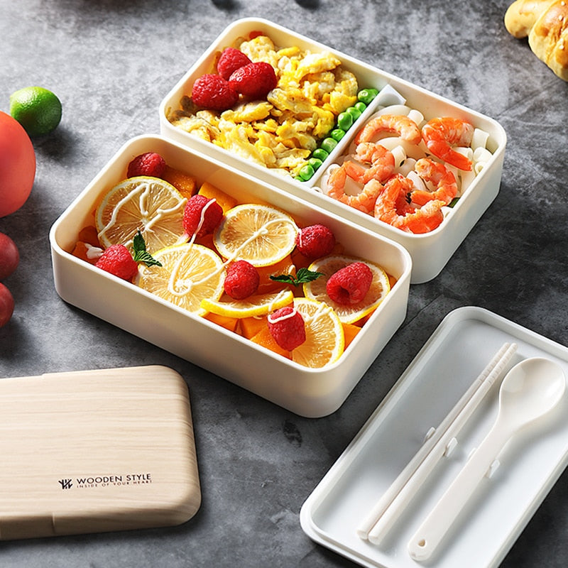 Fiambrera de doble capa para microondas, caja Bento de estilo madera, contenedor portátil sin BPA