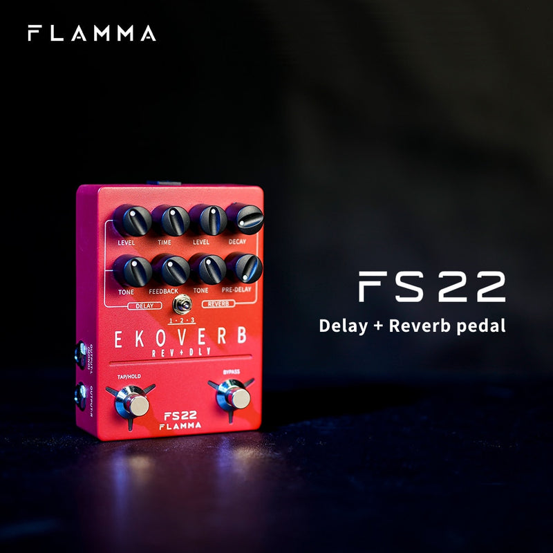 FLAMMA FS22 Ekoveb Dual Reverb Delay Pedal mit Freeze- und Trail-On-Funktion mit Netzteil