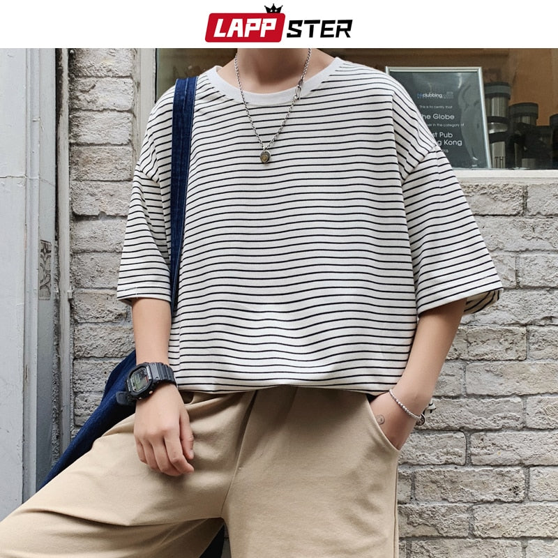 LAPPSTER Herren Übergroße Gestreifte T-Shirts 2022 Harajuku Baumwolle Tops Herren Bunt Gelb T-Shirts Paar Streetwear T-Shirts T-Shirts