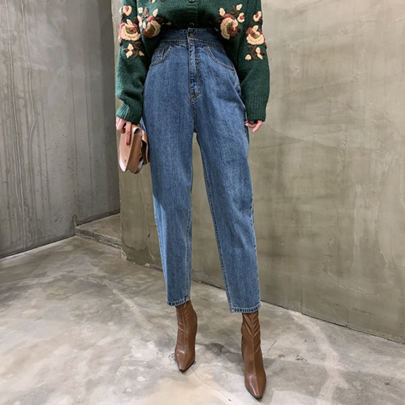 BGTEEVER Frauen Harem Jeans Hosen Mode Hohe Taille Lose Weiße Denim Jeans Weibliche Knöpfe Hosen Frühling 2021 Streetwear