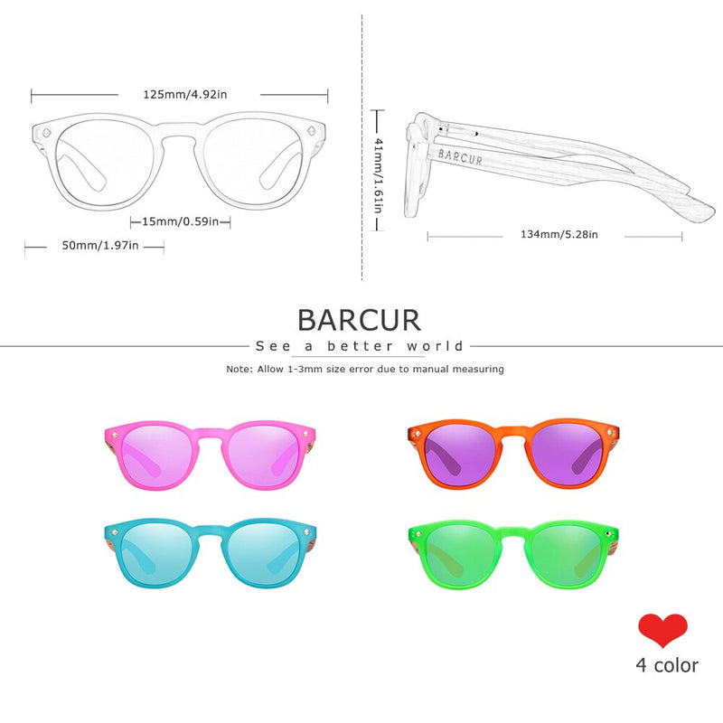 BARCUR Polarized kids sunglasses Round Boy Girl Zebra Wood Sun glasses Cat eyes UV400 Eyewear Oculos Gafas De Sol