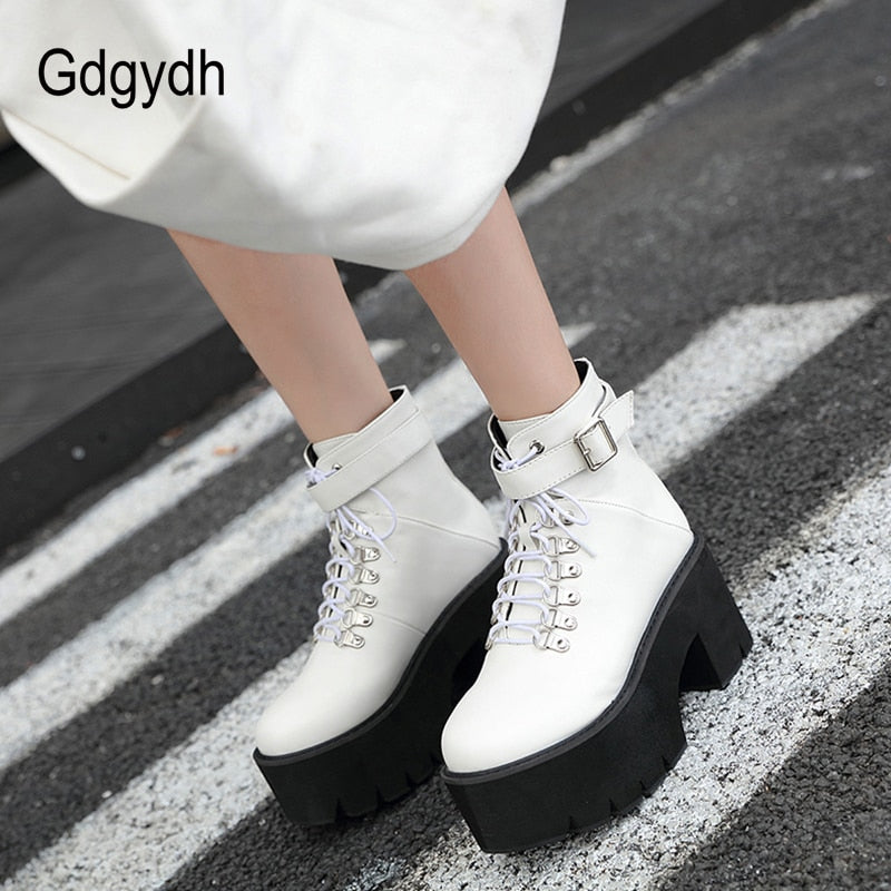 Gdgydh New Arrival Womens Autumn Shoes Chunky Block High Heel Platform Lace up Ankle Boots For Women Comfortable Promotion Sale