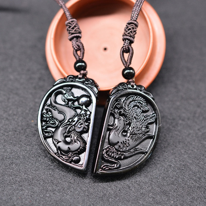 1 Set Obsidian Taichi Dragon and Phoenix Necklace Pendant YIN YANG Pendant Necklace Obsidian Lucky Pendants