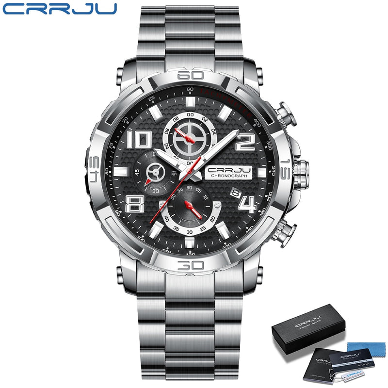 Relojes CRRJU para hombre, esfera grande, resistente al agua, de acero inoxidable, con manecillas luminosas, cronógrafo deportivo, reloj Masculino