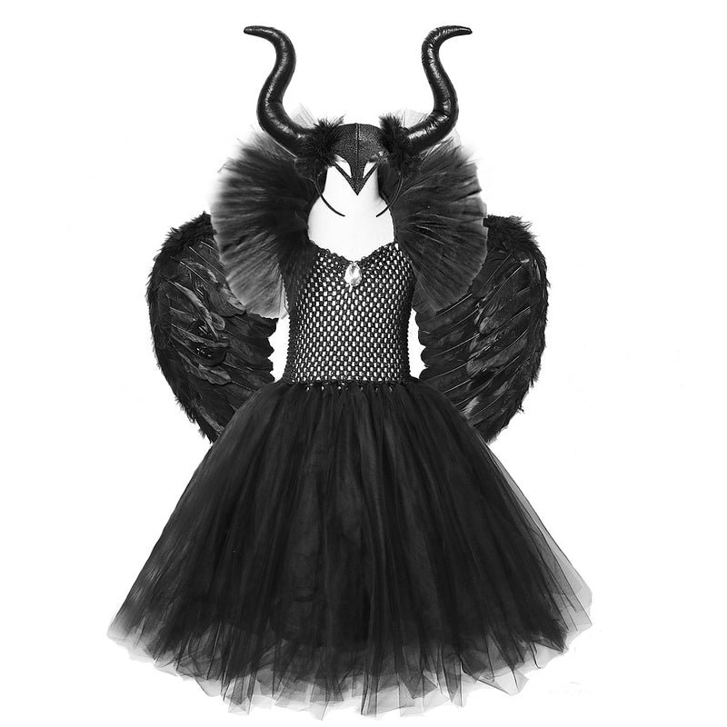 Disfraces de Halloween de color negro sólido, vestido de tutú para niñas, vestidos hasta los tobillos, disfraz de diablo, trajes de Cosplay, cuernos, alas