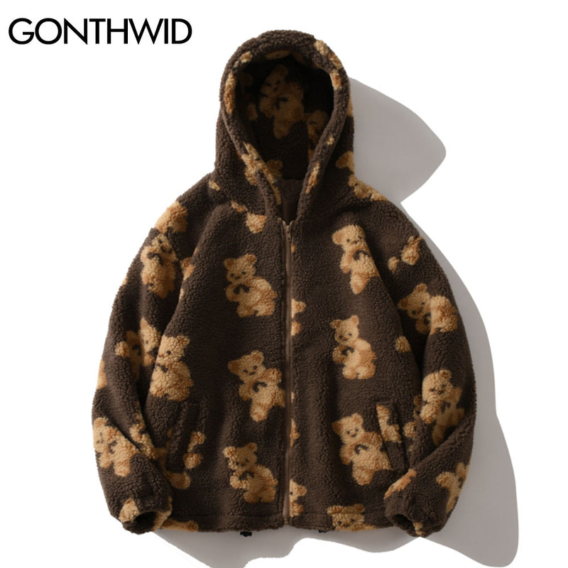 GONTHWID, chaquetas con capucha de lana, ropa de calle informal Harajuku Hip Hop para hombres y mujeres, abrigo con capucha y cremallera completa con estampado de oso a la moda, Tops, prendas de vestir