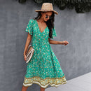 Deep V-Neck Summer Dress 2021 Beach Boho Floral Print Vintage Button Dresses Women Casual Loose A-Line Midi Long Elegant Robe
