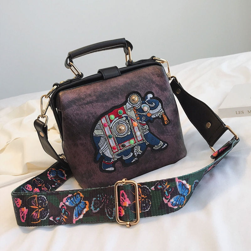 Vintage Embroidery Elephant Bag Bags Wide Butterfly Strap PU Leather Women Shoulder Crossbody Bag Tote Women&