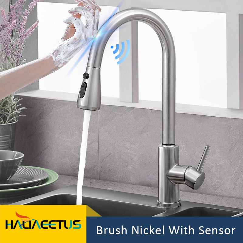 Küchenarmaturen Smart Sensor Pull-Out Warm- und Kaltwasserschalter Mischbatterie Smart Touch Brausehahn Küche Black Crane Sink Armaturen