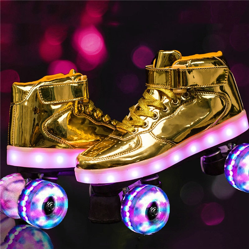 Nuevo estilo Led recargable 7 colorido luminoso doble fila 4 ruedas patines de ruedas al aire libre hombres mujeres zapatos