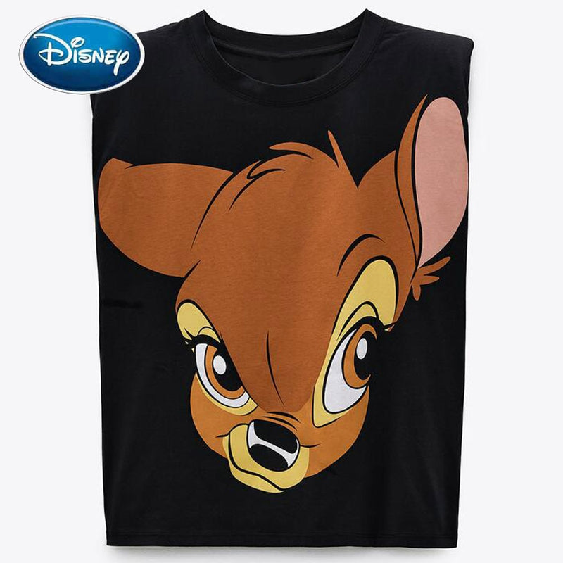 Disney T-Shirt Vintage Sleeveless Shoulder Pad Bambi Deer Cartoon Print Harajuku Women T-Shirt O-Neck Chic Cotton Tee Top Female