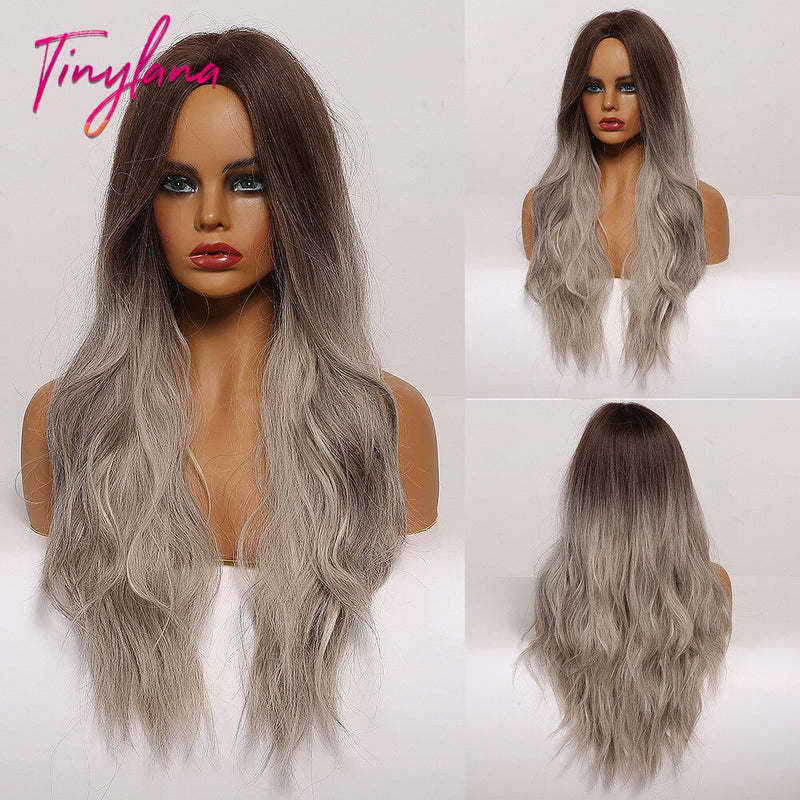 Long Synthetic Brown Blonde Water Wavy Gloden Highlight Wigs Middle Part Heat Resistant Cosplay Natural Hair for Black Women