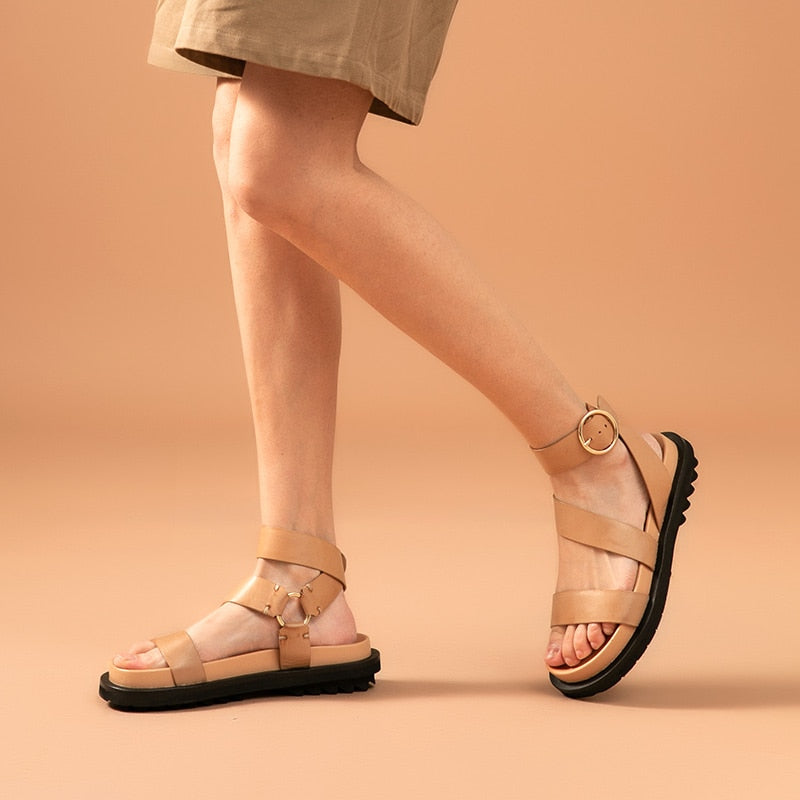 BeauToday Sandals Women Sheepskin Genuine Leather Ankle Strap Metal Ring Buckle Lady Summer Platform Shoes Handmade 38123