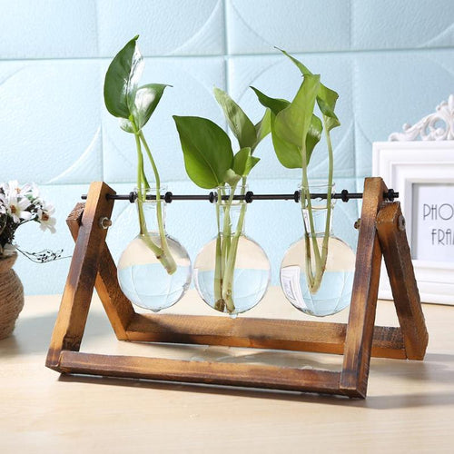 Vase aus Glas und Holz, Pflanzgefäß, Terrarium, Tisch, Hydroponik, Pflanze, Bonsai, Blumentopf, Hängetöpfe mit Holztablett, Heimdekoration