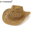 BUTTERMERE Stroh Sommerhut Damen Sonnenhut Handgestrickt Western Cowboy Cowgirl Hut Hohl Khaki Damen Herren Unisex Sonnenhut