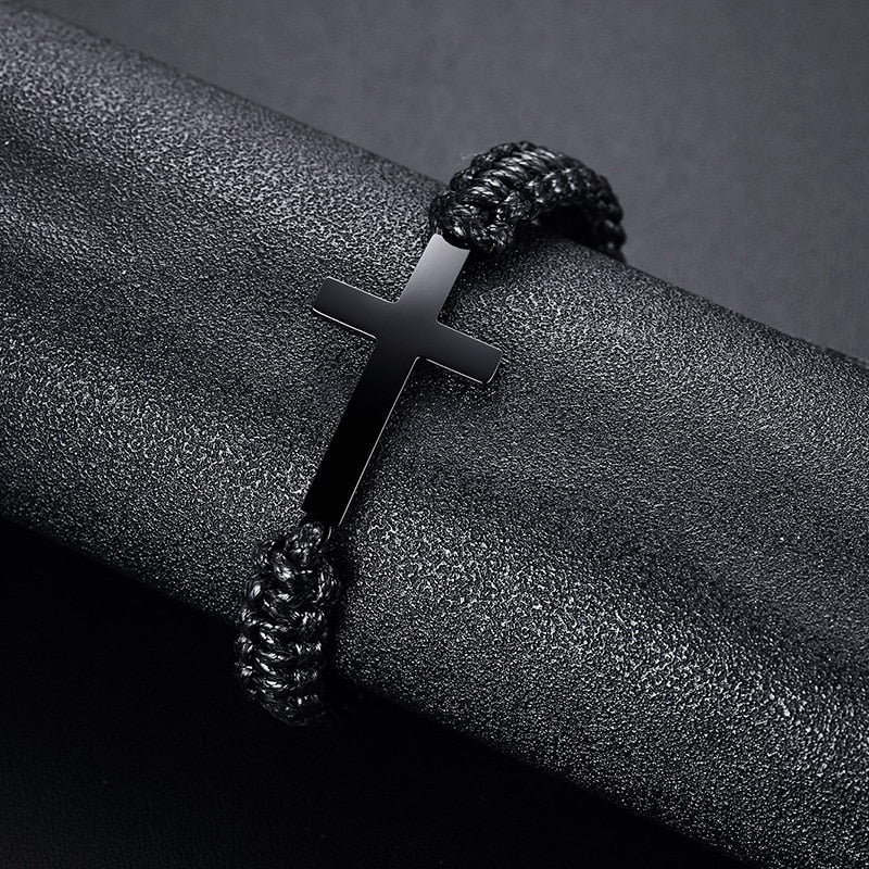 Vnox Black Cross Charm Bracelet Braided Rope Chain Unisex Handmade Jewelry
