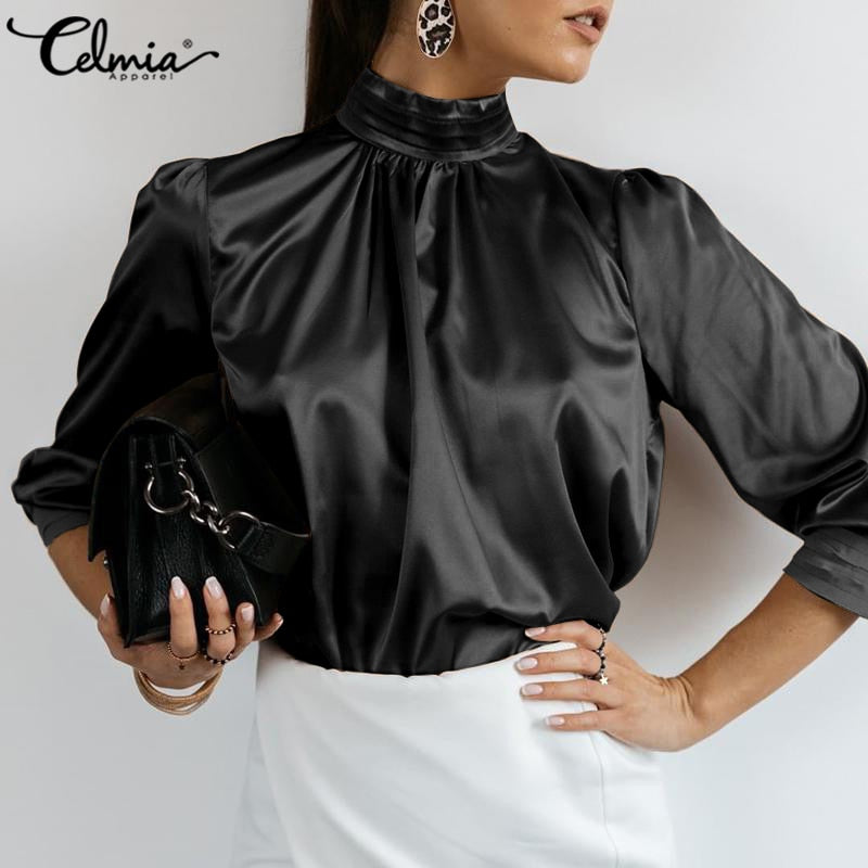 Fashion Women Blouses 2022 Celmia Elegant Satin Silk Tops Tunics Party Solid High Collar Shirt Autumn Lantern Sleeve Blusas 7