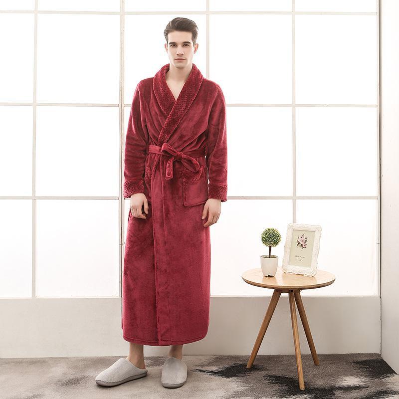 Men Plus Size 3XL Flannel Kimono Bath Gown Ultra Long Large Robe Coral Fleece Nightgown Lovers Couple Thick Warm Sleepwear MR001