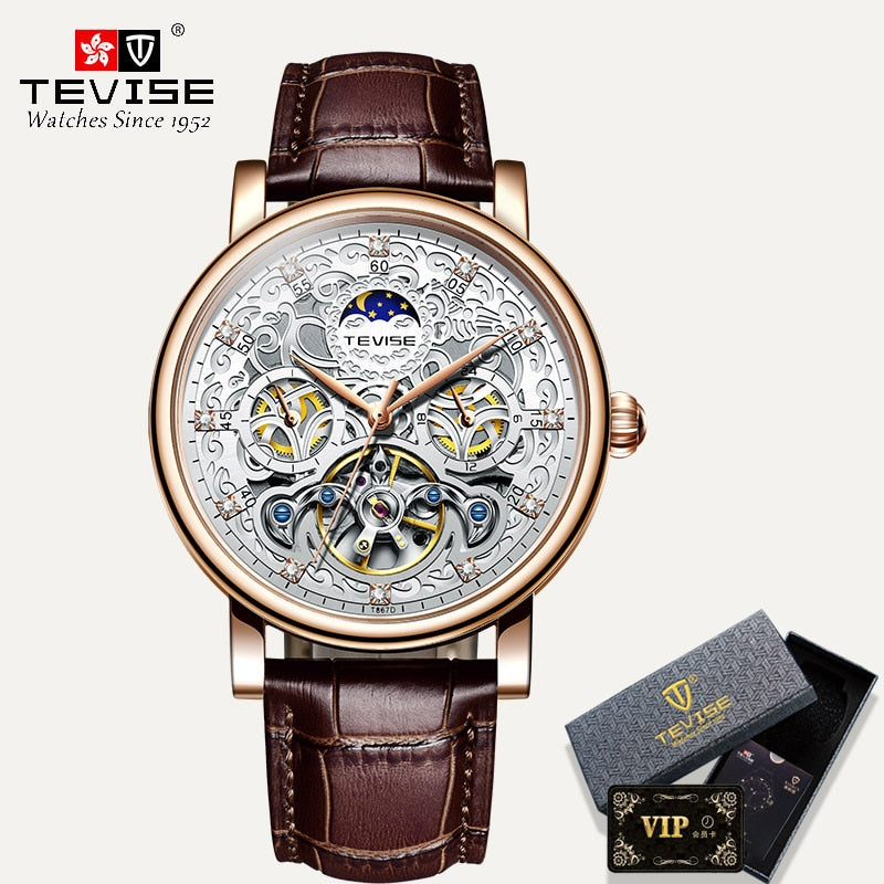 TEVISE Brand Classic Retro Men Watches Automatic Mechanical Watch Men Tourbillon Clock Genuine Leather Waterproof Business Watch