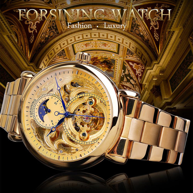 Forsining Automatic Mechanical Business Watch Mens Clock Golden Moon Phase Steel Strap Wrist Watches Top Brand Relogio Masculino